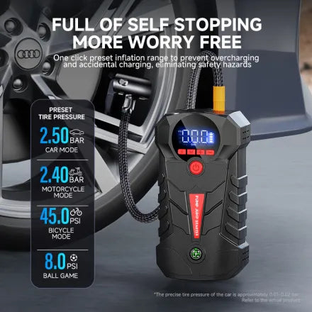 Car jump starter with preset tire pressure modes